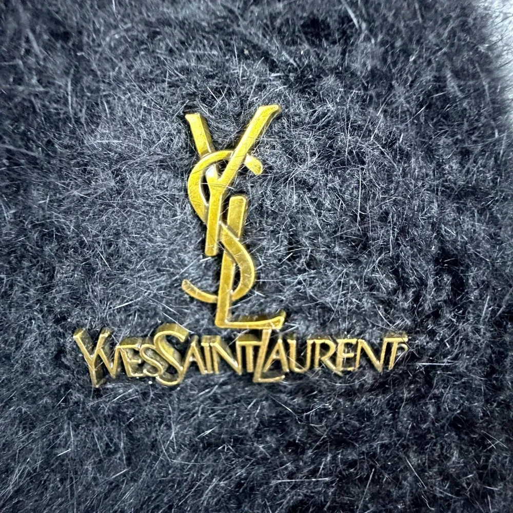 YSL Yves Saint Laurent Fuzzy Knit Beanie Hat Womens Black Gold‎ Classy Old Money